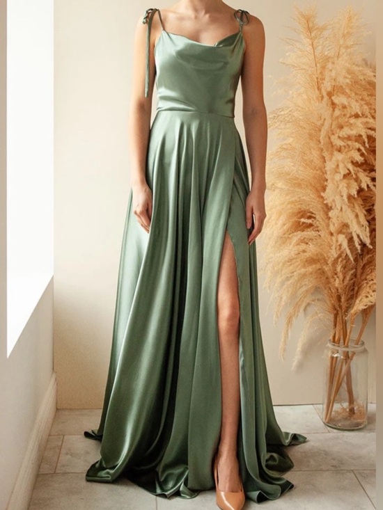Boutique 1861 Dresses & Skirts - Moira Khaki | Cowl Neck Satin Maxi Dress with High Slit
